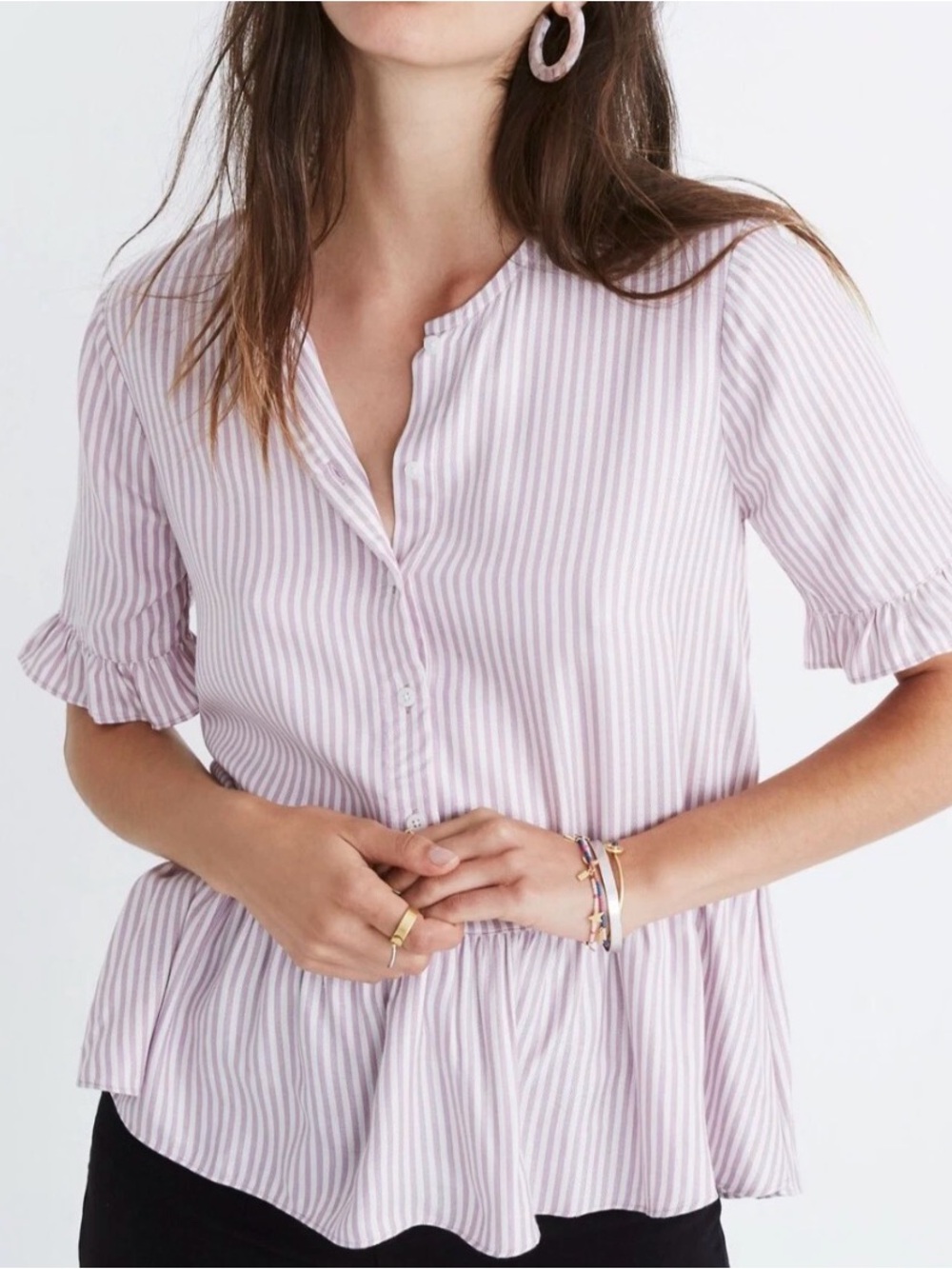 Madewell Blouse Womens XXS Striped Peplum Ruffle Hem Button Front Top